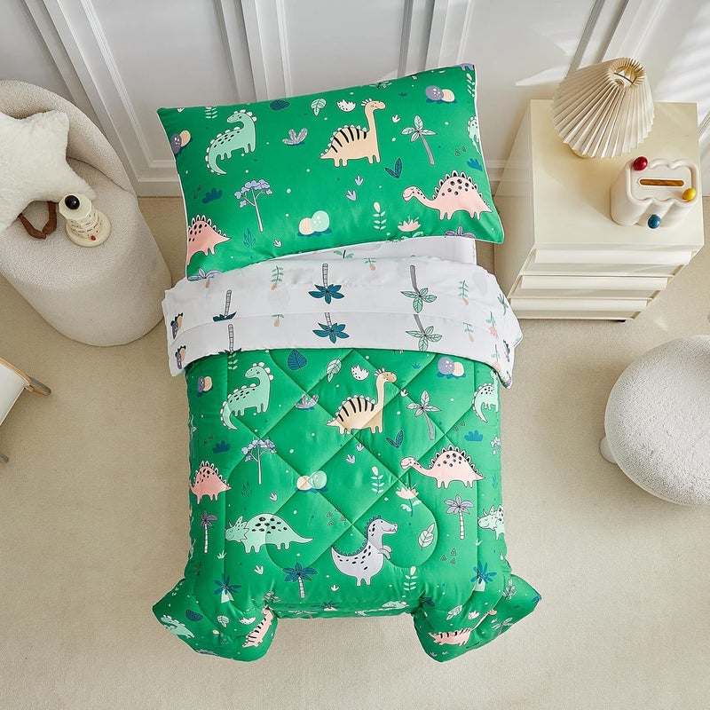 DuShow Dinosaur Toddler Bedding Set for Boys, 4 Pieces Soft Crib Bed Set Including Comforter, Fitted Sheet, Flat Top Sheet and Pillowcase-Green - Image 5
